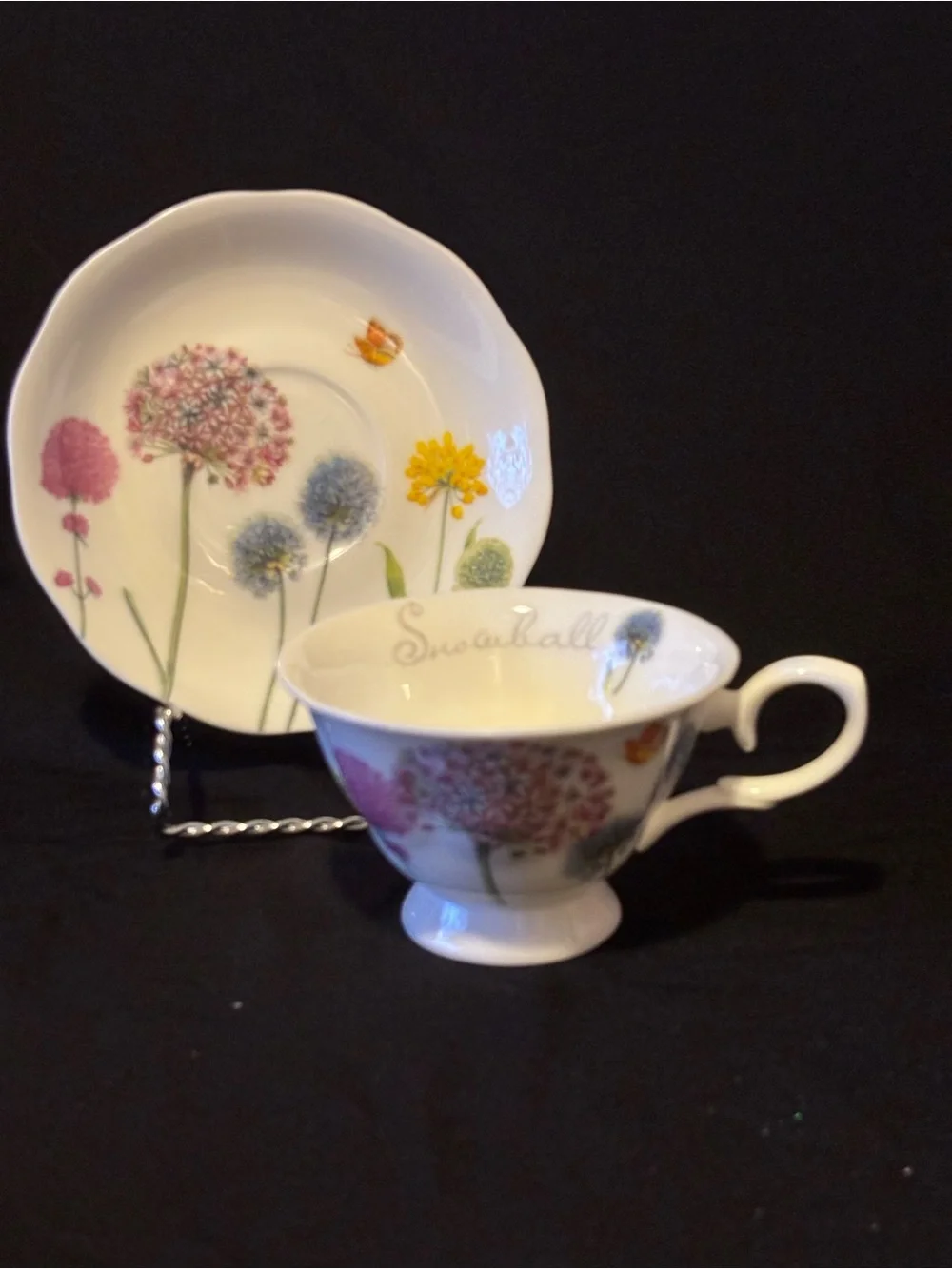 Stechol Bone China Snowball Teacup and Saucer Floral Design